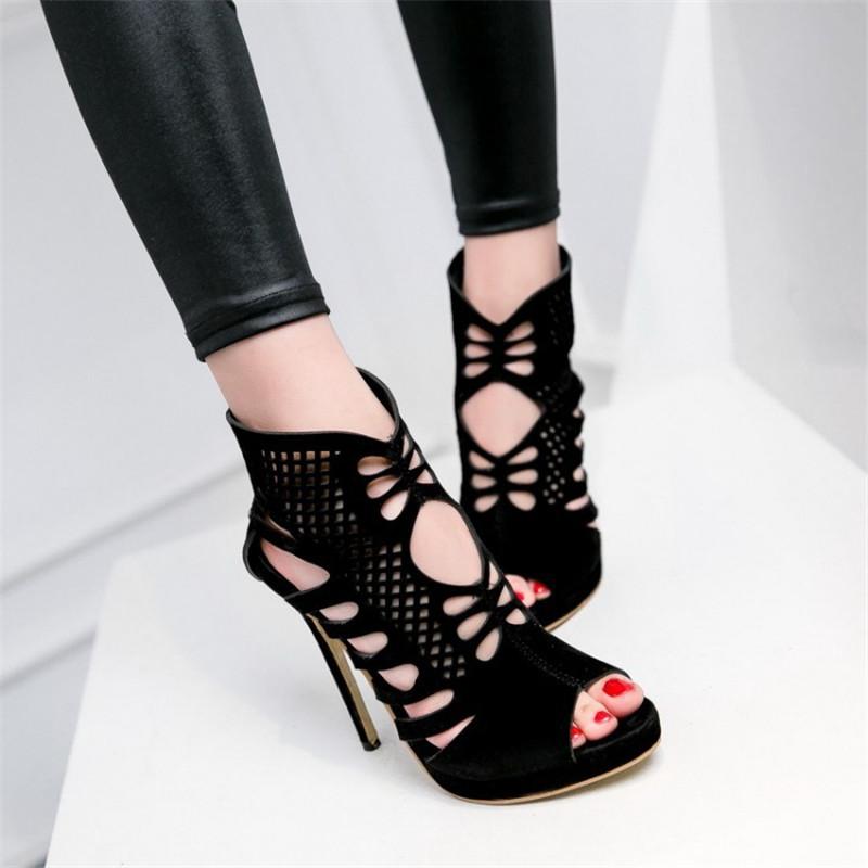 Zipper Sandals Heels11.5CM Women's High Heel Shoe Summer Trend Black Red Sexy Peep Toe Boots Fashion Stilettos Girls High Heels