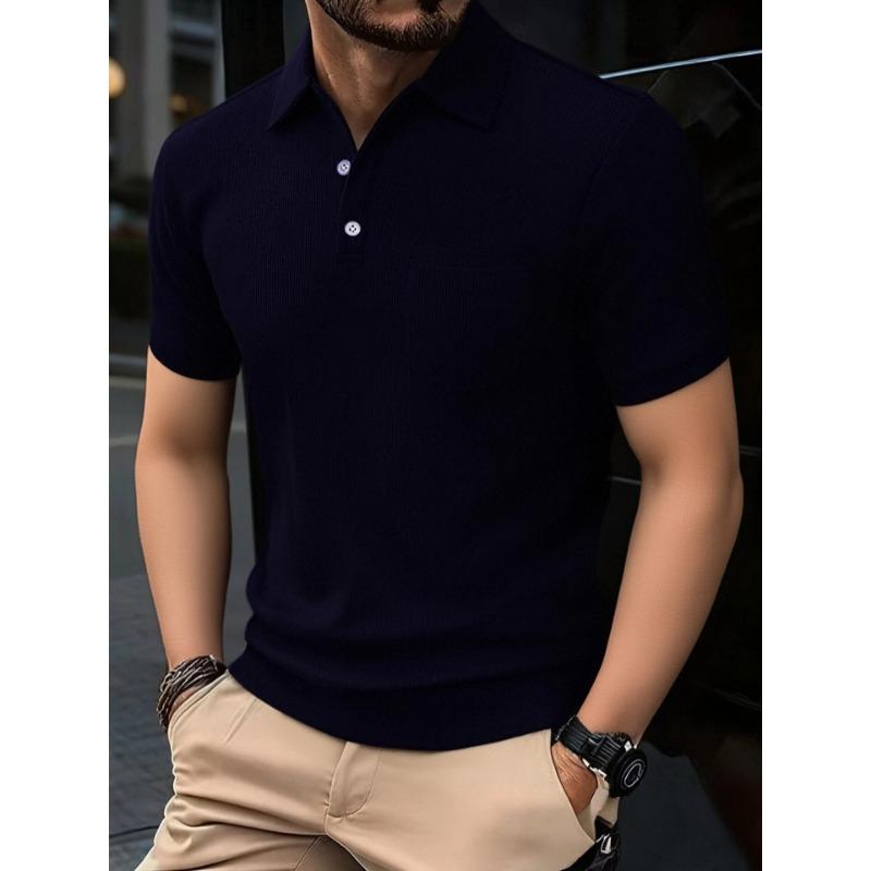 Men s Textured Knit Short Sleeve Pocket Polo Shirt S чёрный