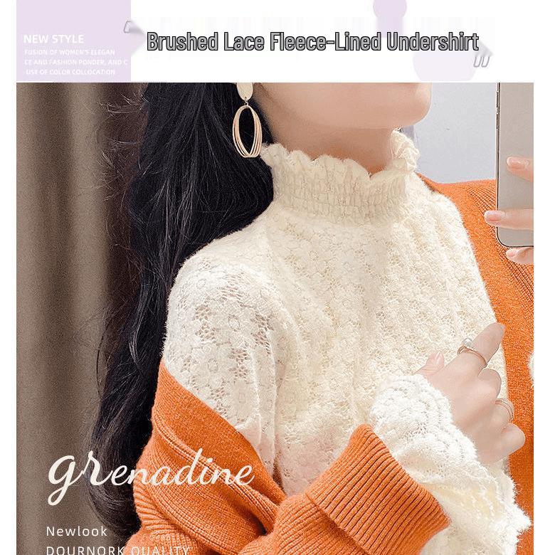 Women's Autumn/Winter 2120 Lace Fleece-Lined High Neck Base Layer Top - Fashionable, Thickened Innerwear