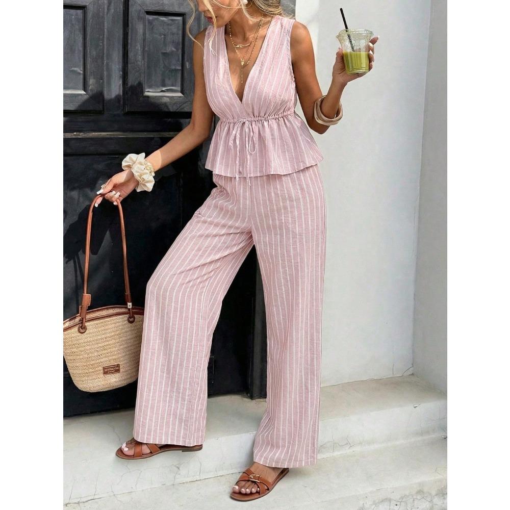 Ensemble 2 pièces élégant : Haut rayé sans manches à encolure en V et Pantalon large taille haute, Tenue décontractée d'été pour les vacances