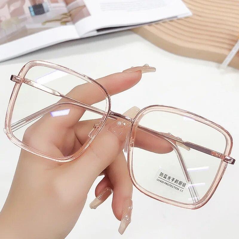 Fashion Anti Blue Light Glasses Large Square Metal Transparent Frame Women Computer Gaming Eye Protection Plain Spectacles
