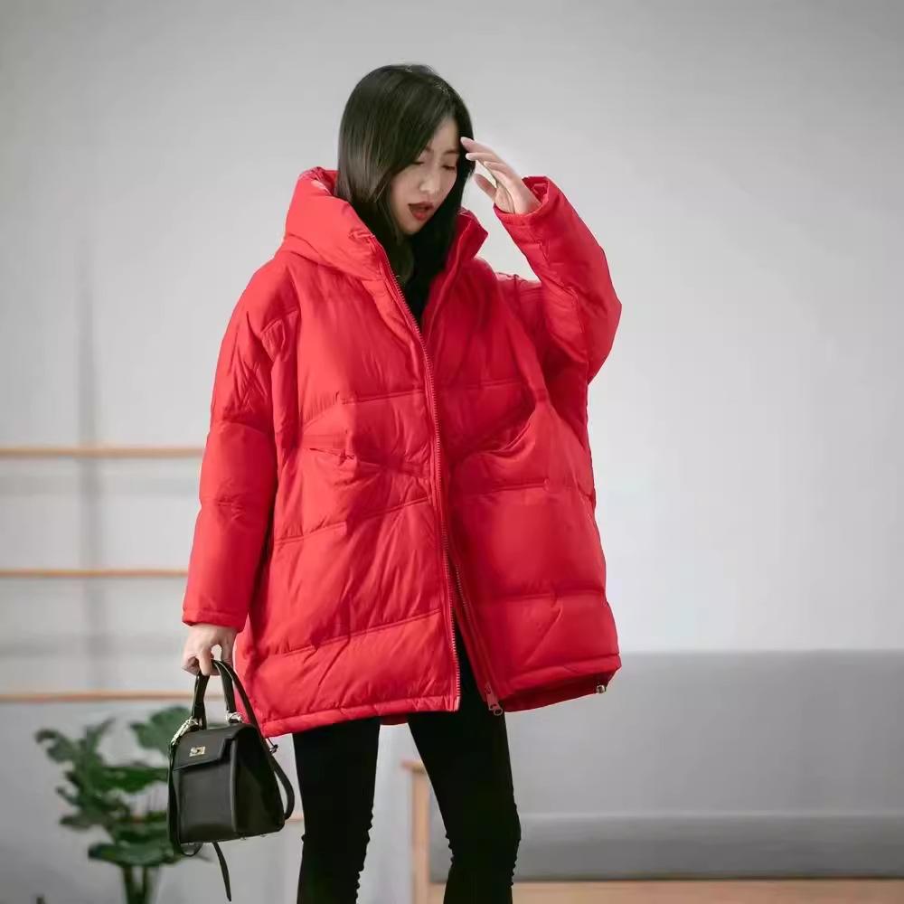 Damen Kapuzen-Daunenjacke im koreanischen Stil 2024: Lässiger mittellanger, einfarbiger, dicker Weißenten-Daunenmantel