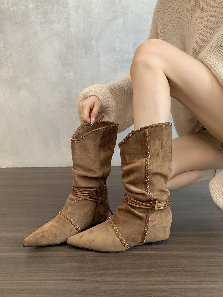 Inner heightened pointed retro babes booties women's 2025 autumn/winter single boots brown maillard western cowboy boots.