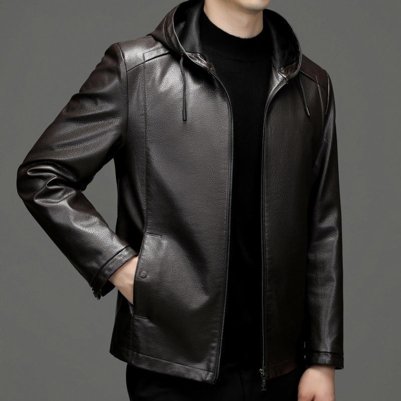 Leather Jacket Men's Handsome Hooded Casual Leather Jacket Middle-aged Dad Autumn and Winter Sheepskin Men's Jacket