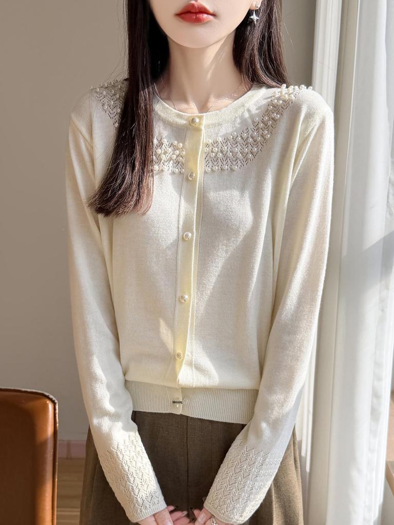 Women's Wool Beaded Round Neck Knit Cardigan Sweater - Fashionable Hollow Out Design