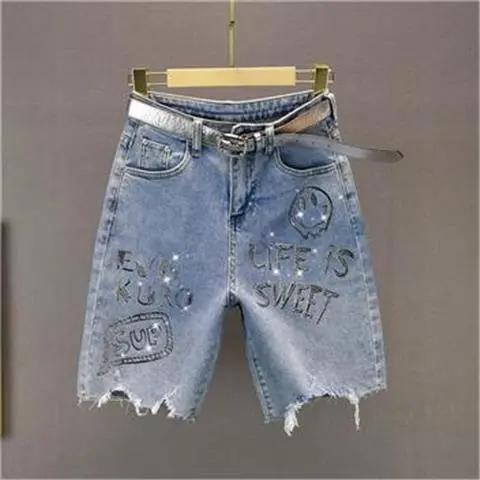 Jean Denim Bleu Pantalon Cinq Quarts Streetwear Femme Été 2025 Nouveau Taille Haute Ample Jeans à Strass Lettre Shorts Décontractés Femme