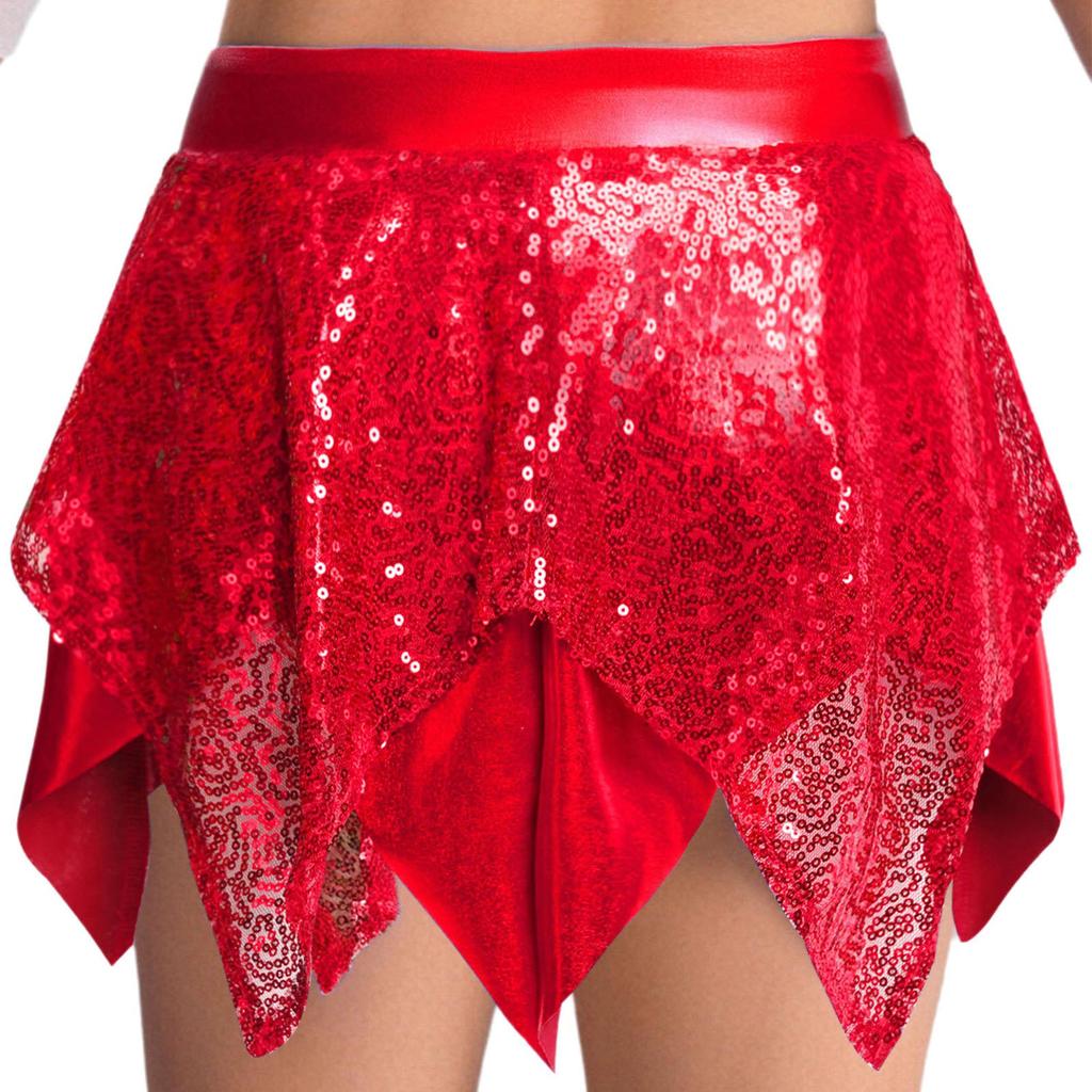 Girls Jazz Dance Costume Sparkly Sequins Metallic Asymmetric Skirt Performance Dancewear