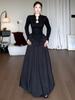 Elegant Plus Size Black Long Sleeve Chinese Style Curvy Dress with Waist-Cinched Bud Skirt - Autumn Collection