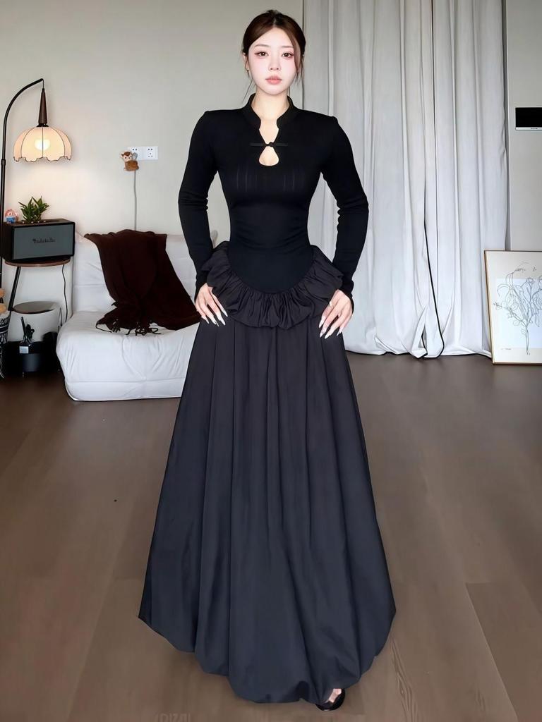 Elegant Plus Size Black Long Sleeve Chinese Style Curvy Dress with Waist-Cinched Bud Skirt - Autumn Collection