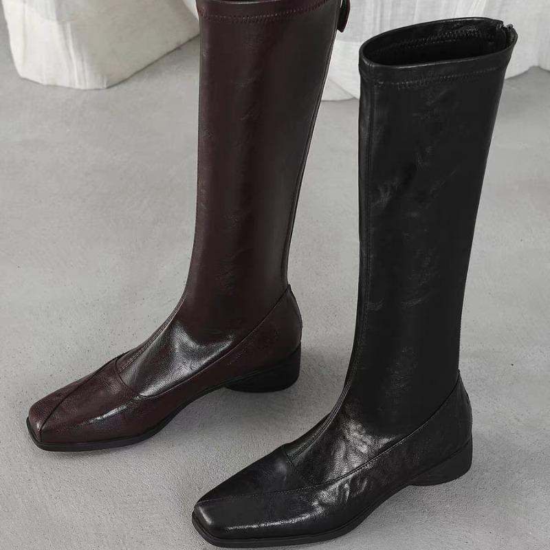 Square Head Show Skinny High Boots Women's Autumn and Winter Plus Fleece Back Zipper Boots No Knee Thigh Boots