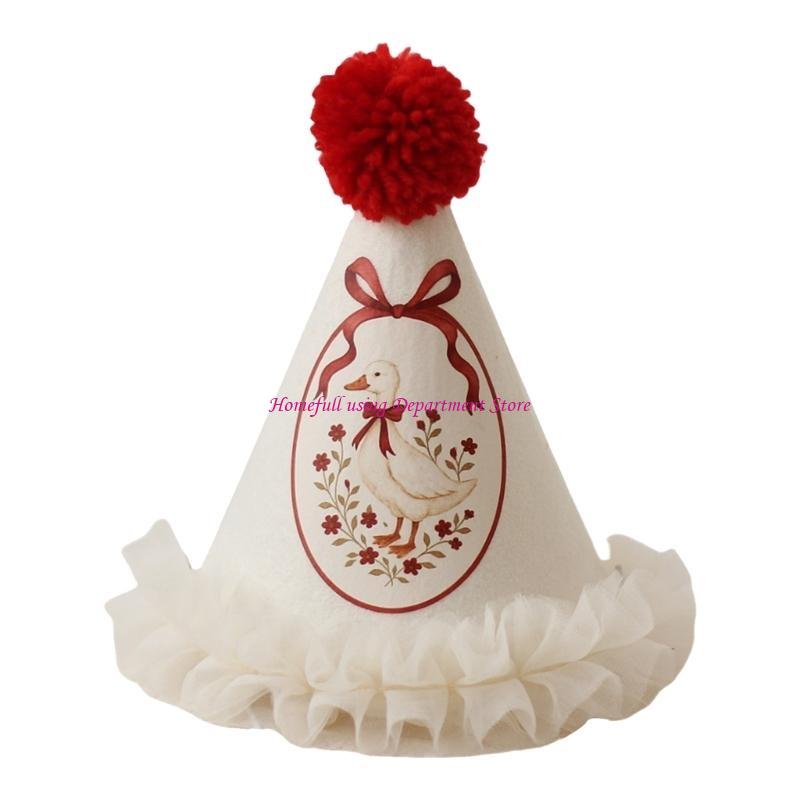 Fun Pompoms Celebration Hat Duckling/Flower Embroidery Elastic For Birthday Event Hat