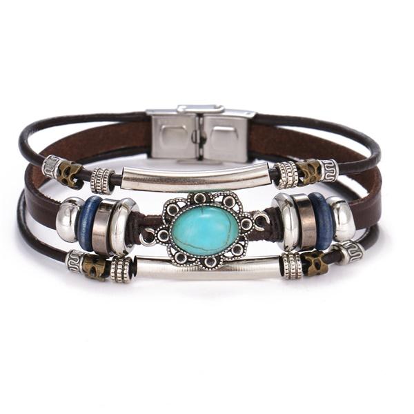One Piece Vintage Flower Bracelet and Bangles Bohemian Style Multi-Layered Leather Bracelet Women Men Wrap Women Punk Jewelry Gift