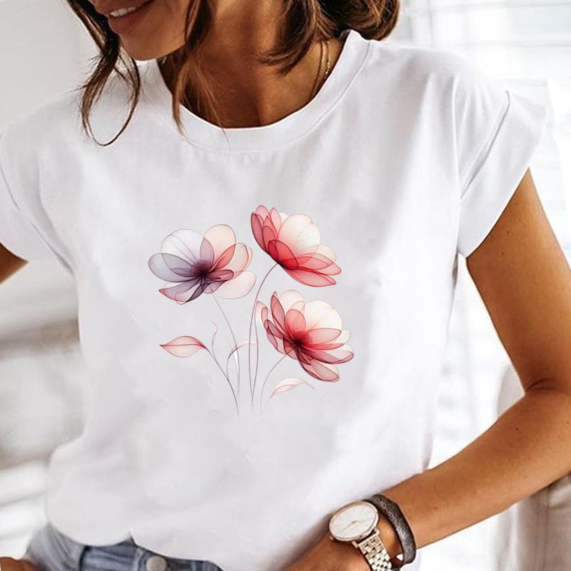 (Asian Size) Casual Clothing Printed Female Top T Shirt o-neck watercolor flower Short Sleeve T-shirts Lady Fashion Women Graphic Tee