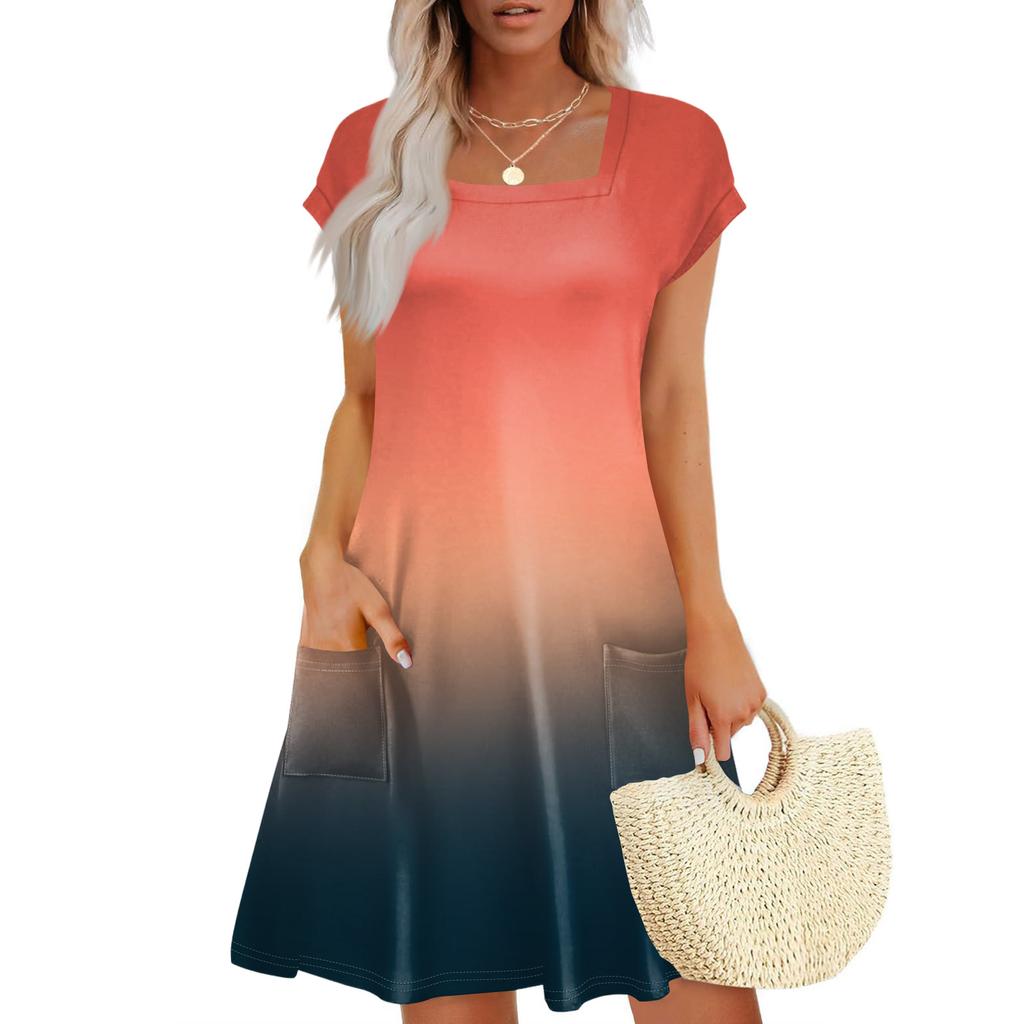 Summer Dresses For Women Loose Square Neck Cap Sleeve Casual Beach Vacation Tshirt Dress Sundresses With Pockets