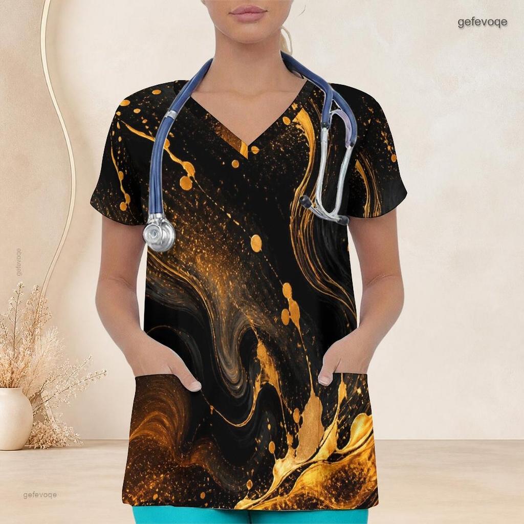 Women Plus Size Nurse Scrub Top V Neck Short Sleeve Black Gold Marble Print Front Pockets