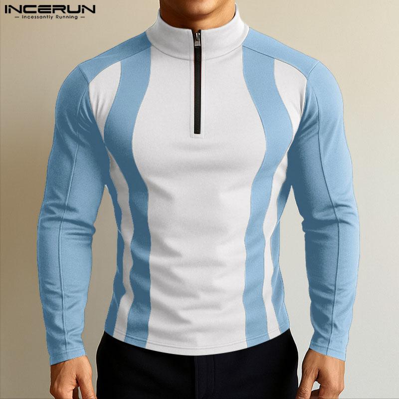 INCERUN Men Mockneck Long Sleeve Patchwork Zipper Casual Fitted Pullover Tops