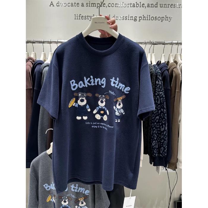 

Autumn/Winter Oversized Heavy Embroidery Dog Medium-Long Short-Sleeve Women s Top L (120-145 jin) темно-синий