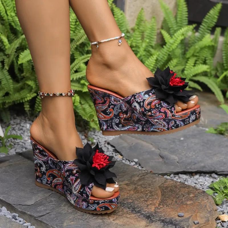 Fashion Women's Large Size Slippers Wedge Heel Flower 10.5cm Heel High Shoes Women Leisure Dress Roman Office Lady Zapatillas De Mujer