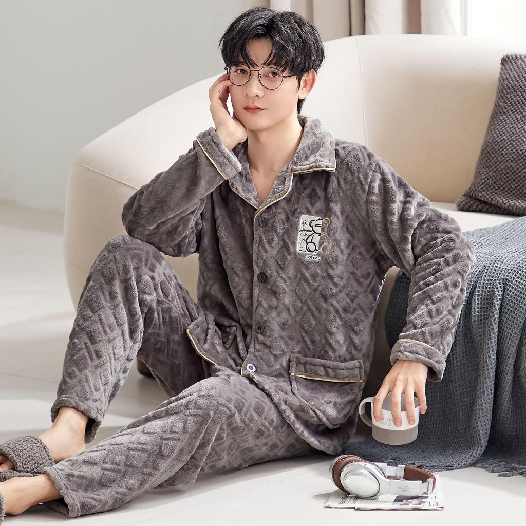Men's Autumn/Winter Flannel Lapel Pajamas - New Arrival, Plus Velvet, Thickened Coral Fleece Homewear