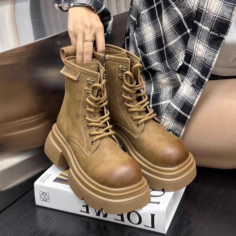 Thick-soled Thick-heeled Heightened Martin Boots Women's 2024 Autumn New Lace-up Retro Versatile Short Boots Flip-top Rhubarb Boots