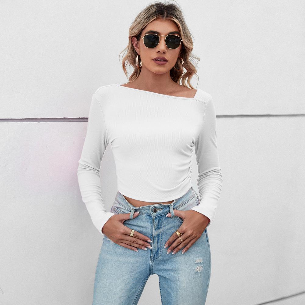 Spring Autumn Fashion Long Sleeve T-shirt Women Semi-open Collar Slim Short Temperament T-shirt Solid Color Sexy Top