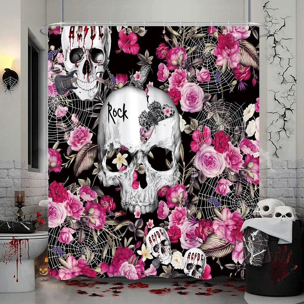 Halloween Skull Flower Shower Curtain Vintage White Daisy Floral Butterfly Gothic Skeleton Day of The Dead Scary Shower Curtains