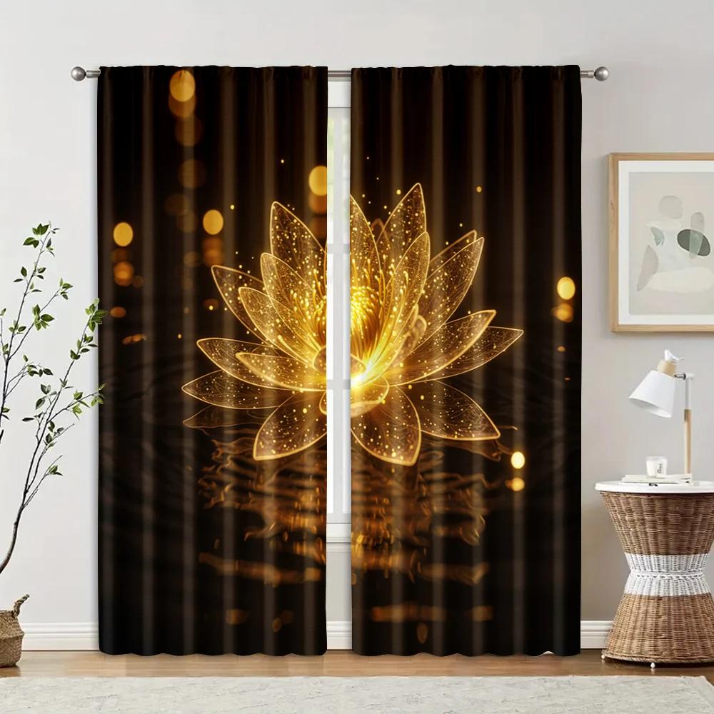 Golden Flowers Spring and Summer Blackout Polyester Birthday Party Use for aesthetic room decor 2pc Curtains