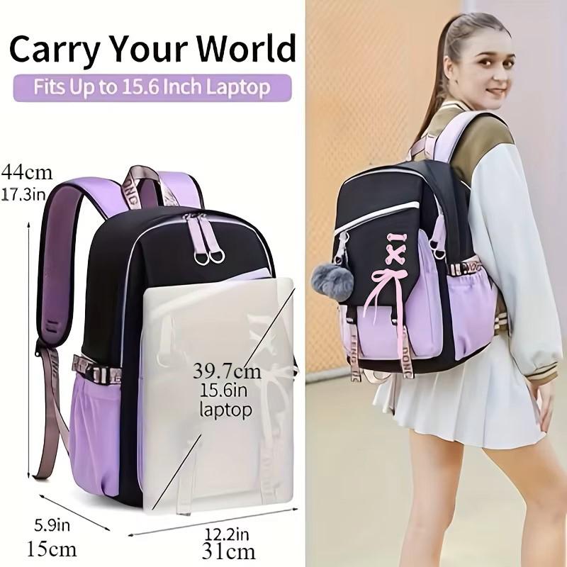 Capacity Large Schoolbag With Cute Plush Pendant Cute Girls Backpack Waterproof Nylon Fabric Bookbag For Kids Teens Students