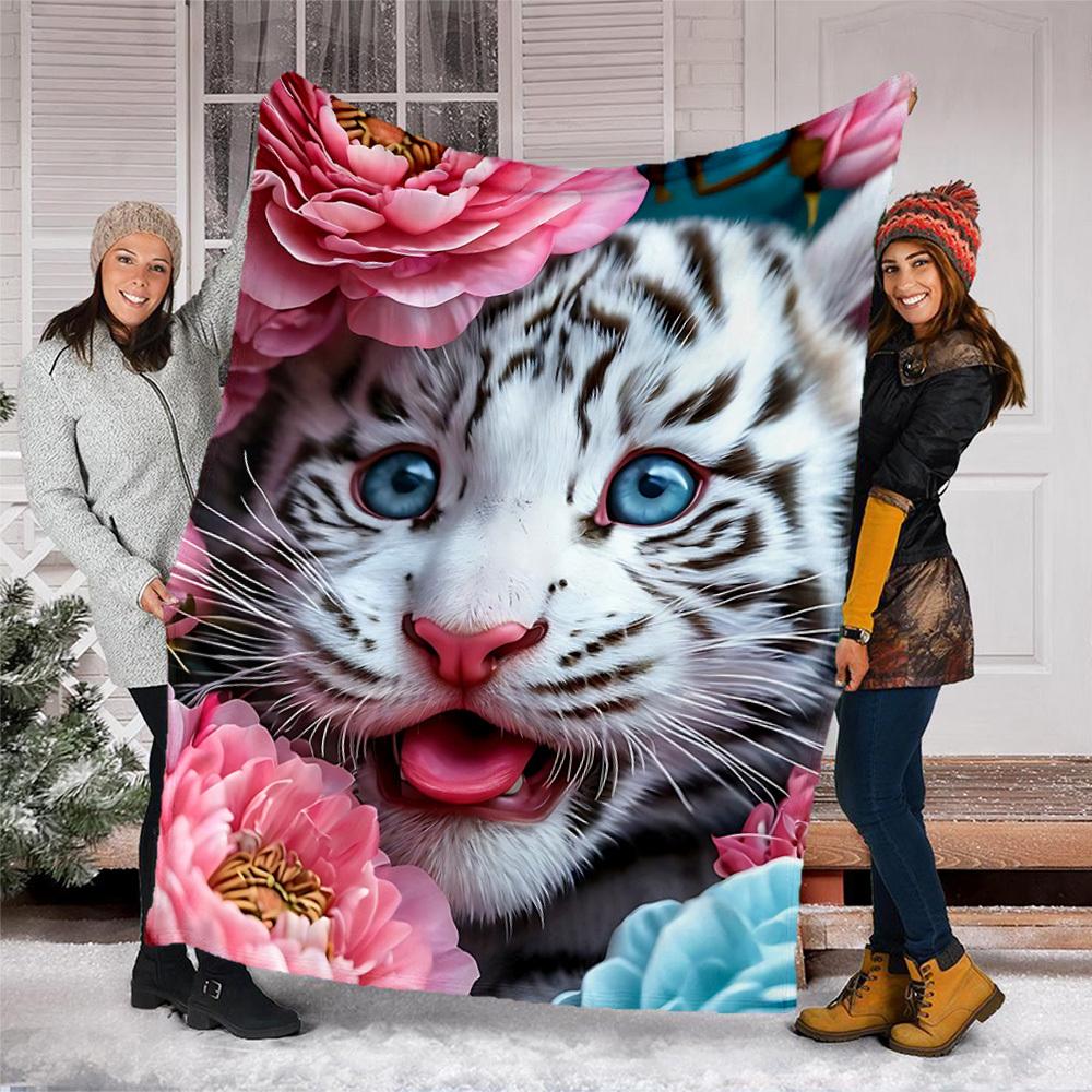 1pc Tiger Flowers Throw Blanket Polyester Fiber, Lightweight Flannel, Soft & Warm, All Season Use for Outdoor, Camping Digital Print
