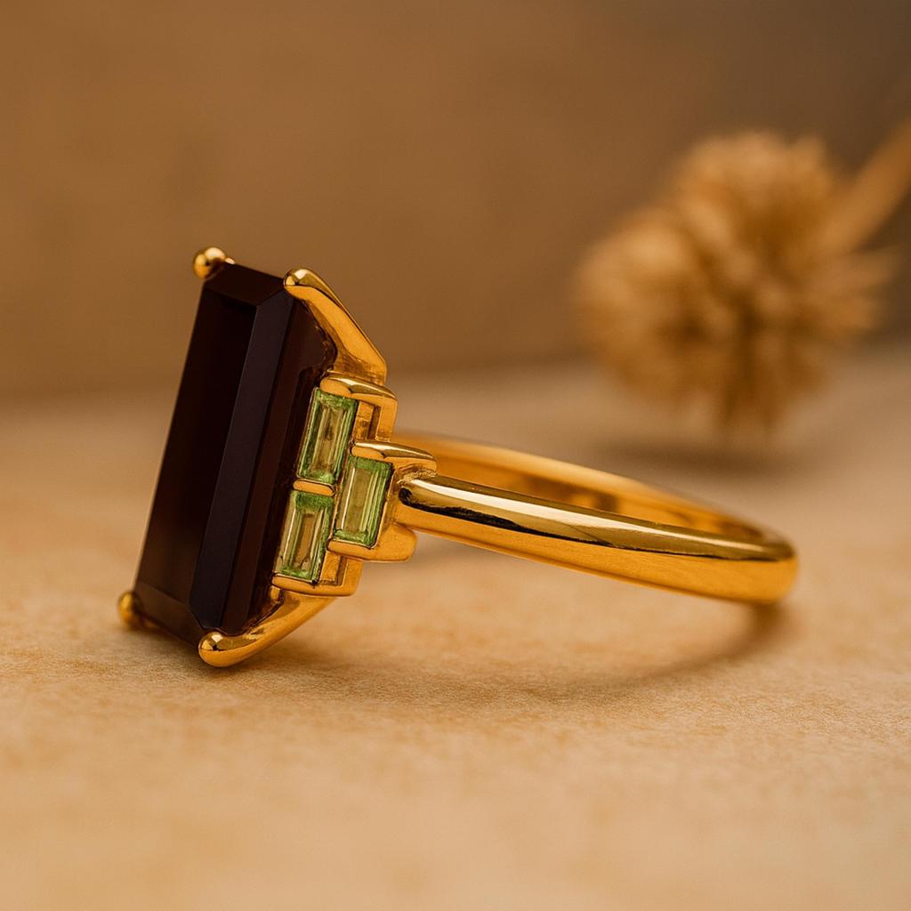 Baguette Onyx and Peridot Ring – Yellow Gold Plated 925 Sterling Silver Ring – Art Deco Bridal Wedding Jewelry Gift