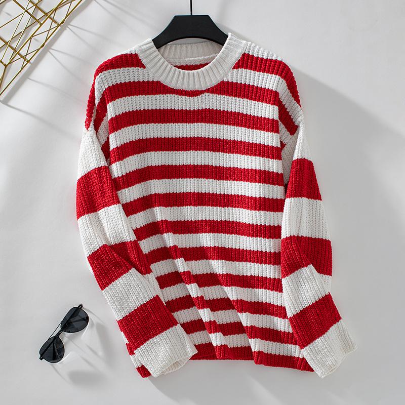 Women's Autumn and Winter Knitwear European and American Pullover Chenille Striped Color-block Sweater