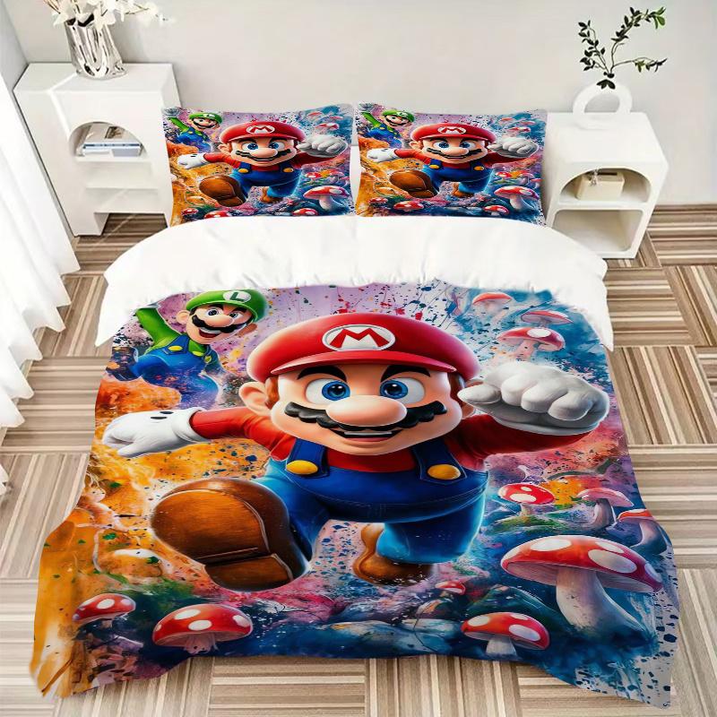 3pcs Super Mario Mushroom Cloud Adventure Bedding Set, Including 1 Quilt Cover and 2 Pillow Shams, Without Filling, Soft and Comfortable Home Bedroom
