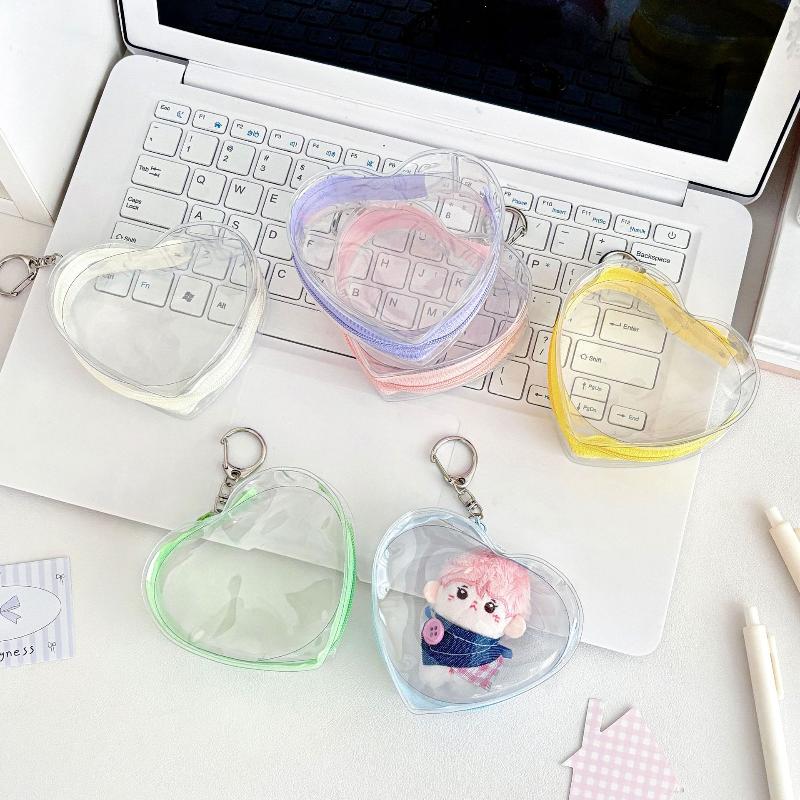 1PC Portable Colorful Heart Transparent Zipper PVC Storage Bag Kaychain Plush Dolls Protector Case Earphone Data Wire Coin Pouch