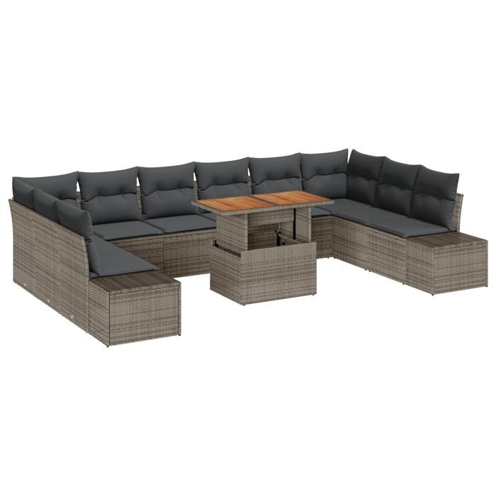 VidaXL Ensemble de salle à manger de jardin 11 pièces avec coussins en poly rattan gris et acacia 3350013