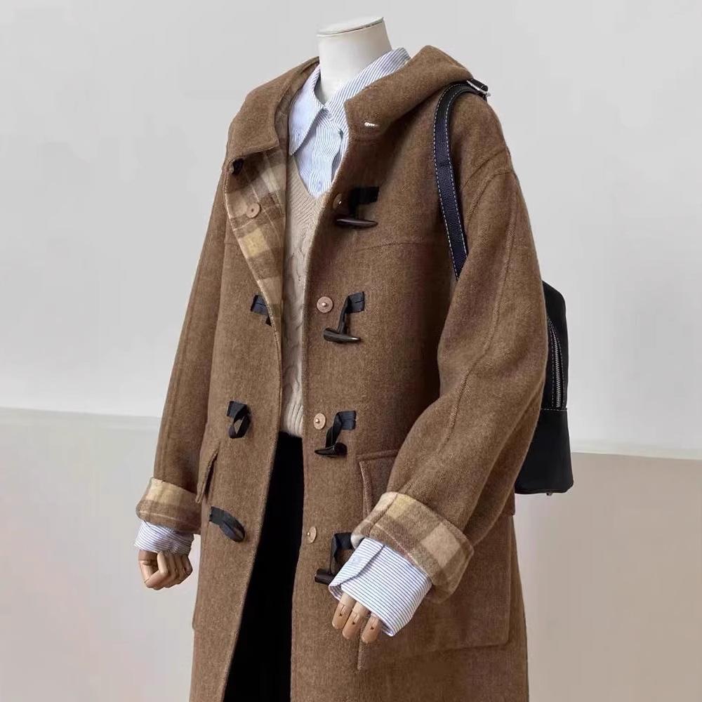 Winter Retro College Style Karomuster Knebelverschluss Doppelseitiger Wollmantel Gerader Langer Wollmantel Damen