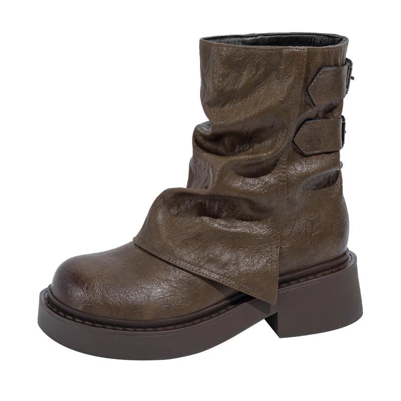 High Quality Retro Maillard Short Boots Women's Spring and Autumn Single Boots New Thick-soled Brown Trousers Knight Martin Boots