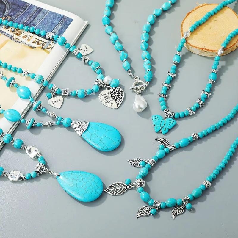 Turquoise Stone Beaded Necklace With Water Drop Pendant Blue Green Beads Layered Look Daily Jewelry For Women Casual Commuter Style 41-50 Cm