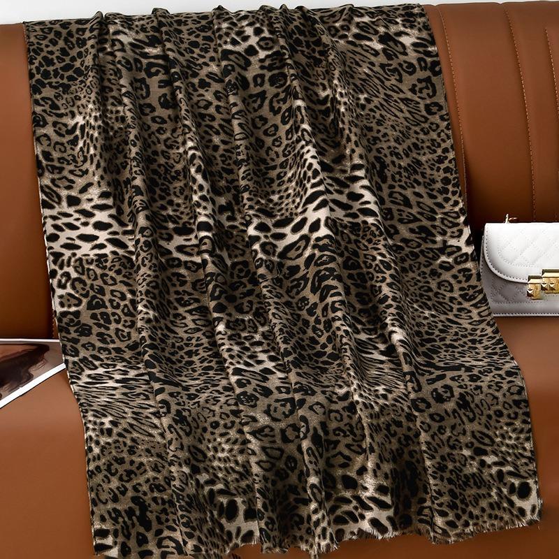 Fashion New Human Cotton Splicing Leopard Print Satin Long Scarf Spring and Autumn Thin Scarf Versatile Silk Scarf Shawl