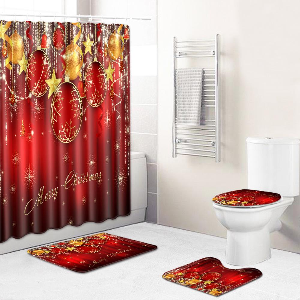 Christmas Toilet Seat Shower Curtain Four-Piece Printed Floor Mat Set Bathroom Floor Mat Bedroom Absorbent Door Mat Carpet