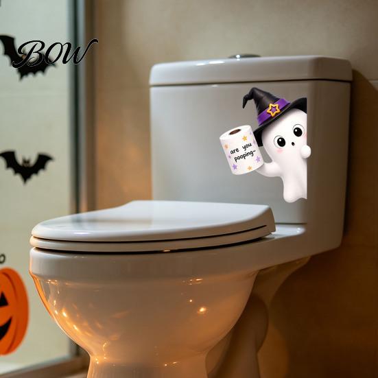 Waterproof Halloween Wall Stickers Toilet Sticker, Ghost And Skeleton Print Decals, PVC Easy Bathroom Decals Peel Stick Spooky Stickers, for