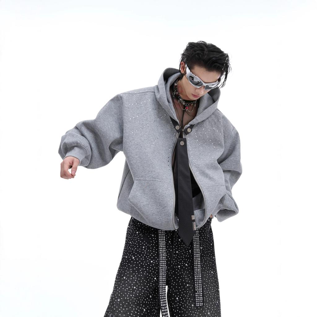 Retro Fine Flash Rhinestone Hooded Sweatshirt Cardigan Jacket Detachable Tie Pullover