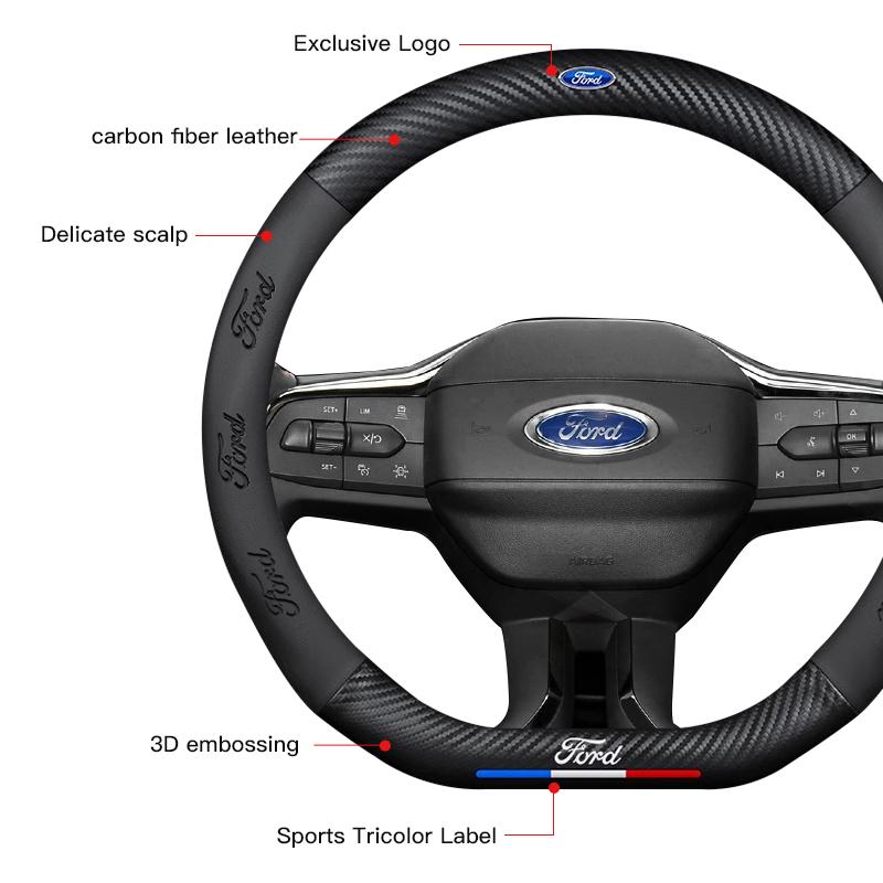 Carbon Fiber Leather Car Steering Wheel Cover For Ford ST Line Focus Mustang Fiesta Puma Ranger Kuga MK7 MAX F150 Mondeo Escape FE7