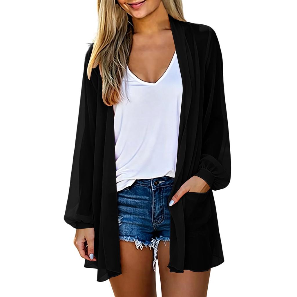 Cardigan da Donna Leggero in Chiffon con Apertura Frontale Manica Lunga a Lanterna Vestibilità Larga Capospalla Estivo con Tasche Copricapo Casual
