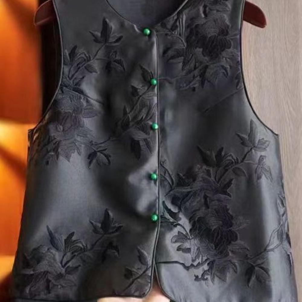 Chinese Style Tang Suit Acetate Satin Vest Jacket Women's Spring Autumn Fashion Heavy Embroidery Shoulder Pad Sleeveless Top