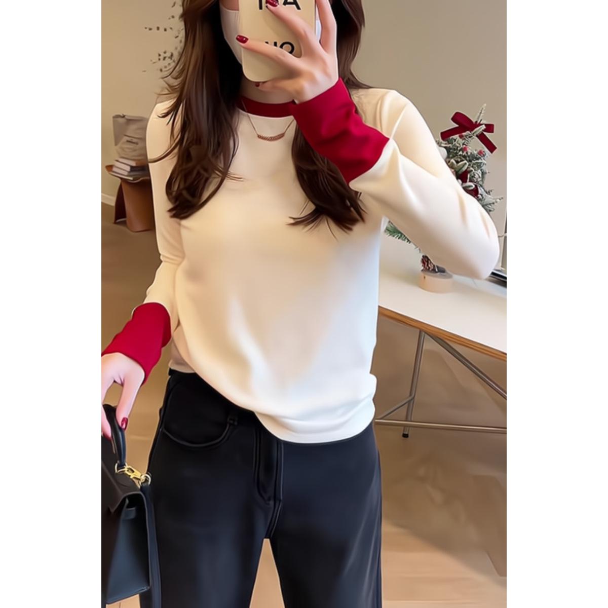 

Women s Autumn Plus Size Color Block Crew Neck Long Sleeve Slimming Top 6452 2XL белый