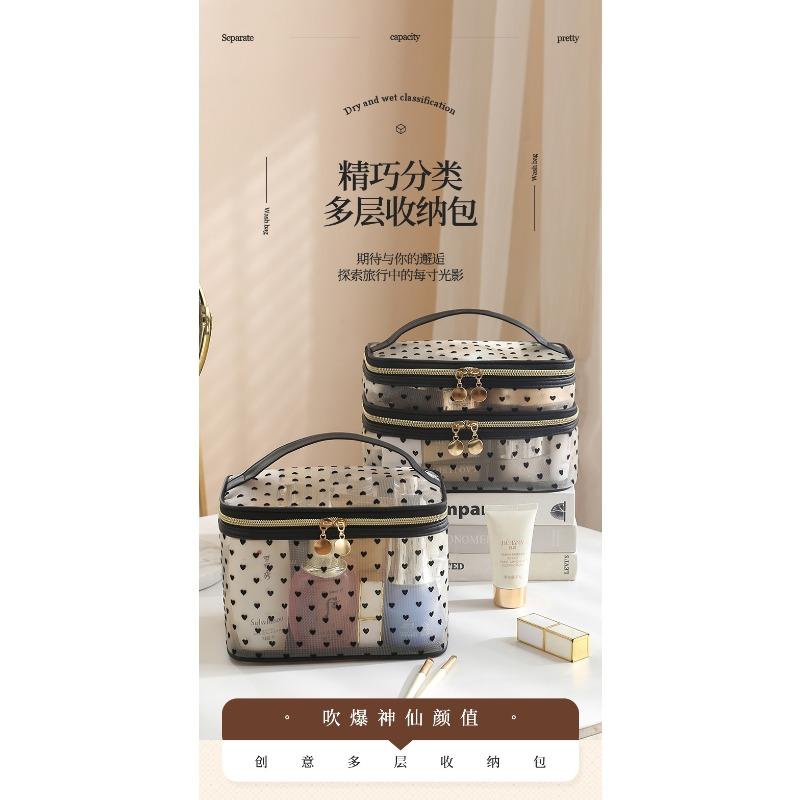 Large Capacity Flocked Heart Pattern Mesh Cosmetic Travel Storage Bag