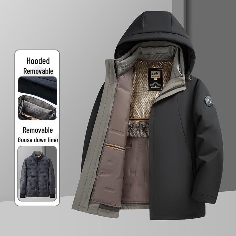 Men's Windproof Winter Down Jacket with Detachable Liner - Middle-Aged Business Style