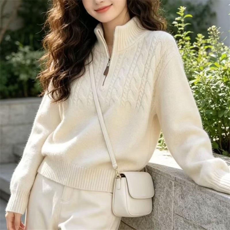 Women's Plus Size White Half-Zip Cable Knit Cardigan - Loose, Slimming, Autumn/Winter Sweater Coat