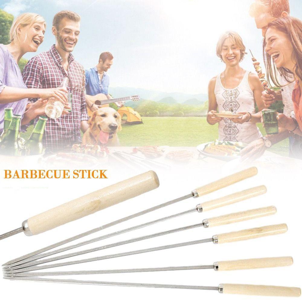 10PCS Wooden Handle Barbecue Stick Stainless Steel BBQ Needle Reusable Barbecue Tools Barbecue