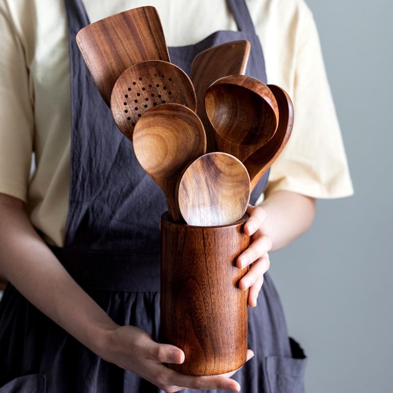 Teak 9-Piece Kitchen Set: Solid Wood Spatula, Spoon, Fork, Non-stick Pan, Acacia Wood Utensils, Long Handle Pot & Vegetable Spatula